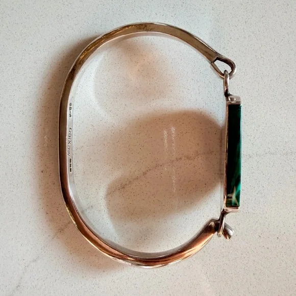 Vintage TAXCO 925 Sterling Silver Malachite Hinged Bangle Bracelet RARE Unique - Picture 4 of 8